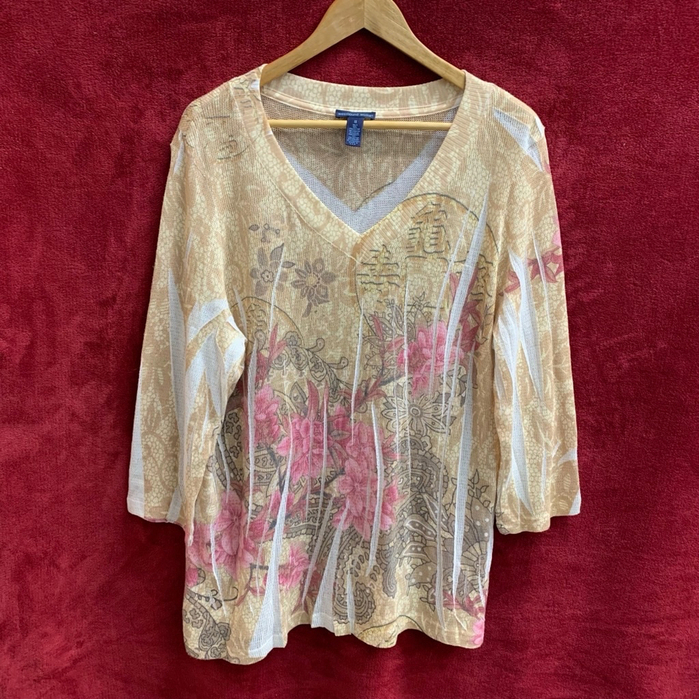B03-Women's Westbound Woman Blouse, 1X, Beige & Pink VTG vintage